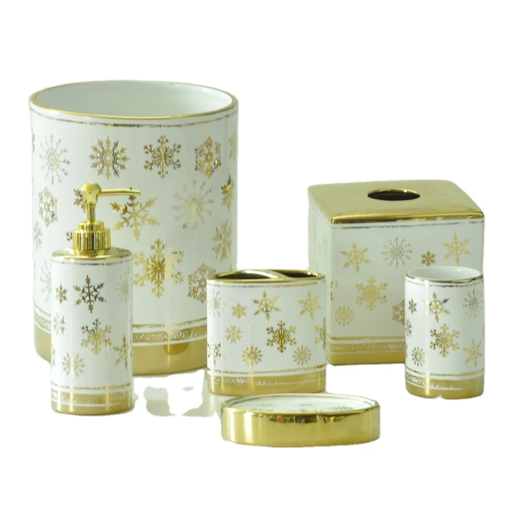 Electroplating Gold Snowflake Decal Decoration Ceramic Bathroom Accessories Set, White or as your request
Electroplating Gold Snowflake Decal Decoration Ceramic Bathroom Accessories Set, White or as your request