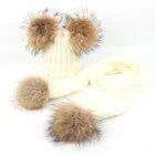 wholesale warm fashion double fur ball baby winter hat and scarf set white knitted hat scarf