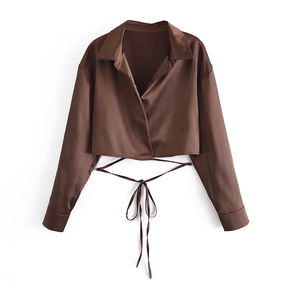 Sexy Waist Lace Up Design Turn Down Collar Coffee Color Women Satin Long Sleeve Crop Top Shirts
Sexy Waist Lace Up Design Turn Down Collar Coffee Color Women Satin Long Sleeve Crop Top Shirts