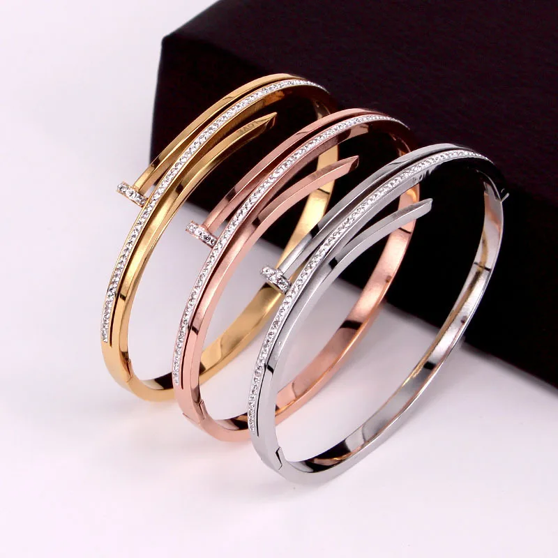 Fashion Men Women Stainless Steel Nail jewelry Adjustable Bangle Rose Gold Nail Bangle Bracelets With Zircon, Gold, silver
Fashion Men Women Stainless Steel Nail jewelry Adjustable Bangle Rose Gold Nail Bangle Bracelets With Zircon, Gold, silver
