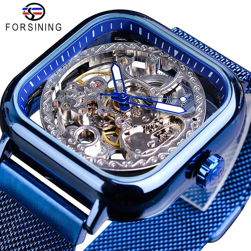 

Forsining Watches For Mens Automatic Mechanical Fashion Dress Square Skeleton Wrist Watch Slim Mesh Steel Band Analog Blue Clock, 5-colors