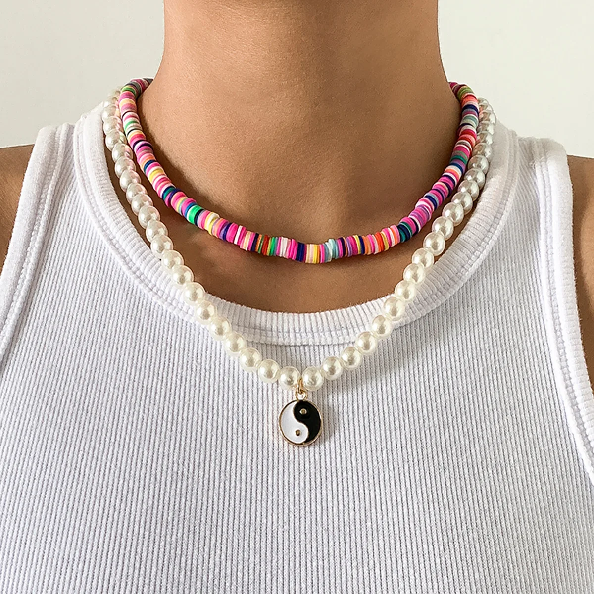 NK-1256 New Design Colorful Soft Clay Beads Necklace Women's Simple Geometric Imitation Pearl Chain Tai Chi Pendant Necklace, As show picture
NK-1256 New Design Colorful Soft Clay Beads Necklace Women's Simple Geometric Imitation Pearl Chain Tai Chi Pendant Necklace, As show picture