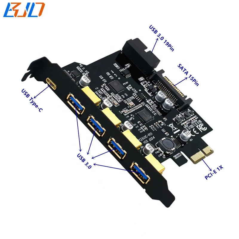 USB Type-C & 4 Port USB 3.0 Type-A to PCI-E PCIe 1X Adapter Expansion Riser Card with SATA Power Connector
USB Type-C & 4 Port USB 3.0 Type-A to PCI-E PCIe 1X Adapter Expansion Riser Card with SATA Power Connector