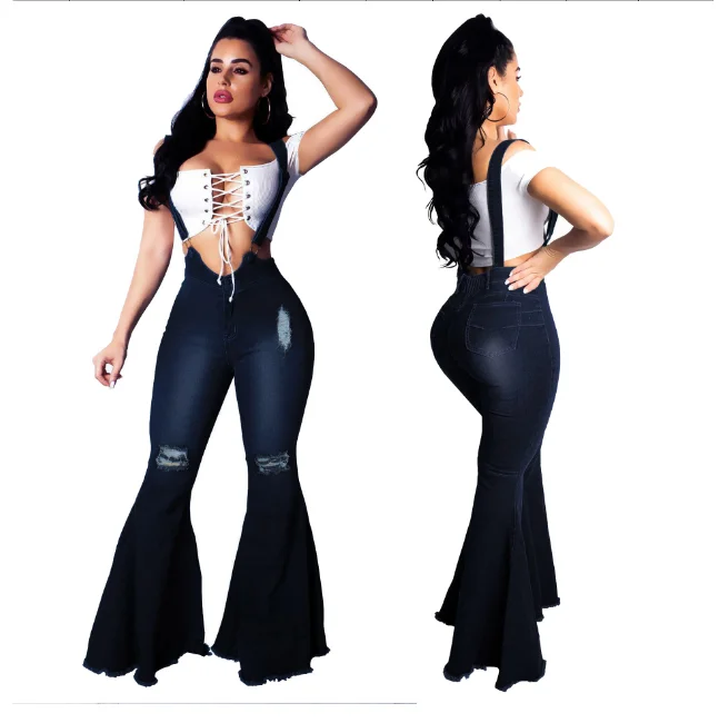 Ready to ship fashion slim wide-leg washed denim stretch flared overalls, Dark blue
Ready to ship fashion slim wide-leg washed denim stretch flared overalls, Dark blue
