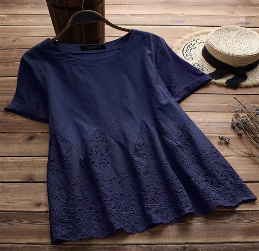 bohemia fashion lace hollow stitching hem short-sleeve shirt retro solid color 5 colors large size casual summer blouses, As shown
bohemia fashion lace hollow stitching hem short-sleeve shirt retro solid color 5 colors large size casual summer blouses, As shown