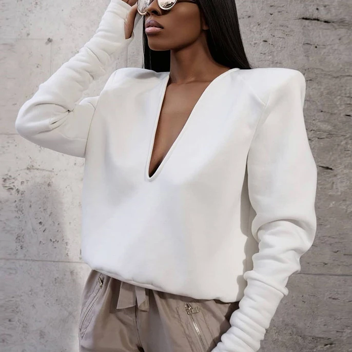 Stylish casual plain shoulder padded deep V neck sexy fall women top long sleeve, Black, white
Stylish casual plain shoulder padded deep V neck sexy fall women top long sleeve, Black, white