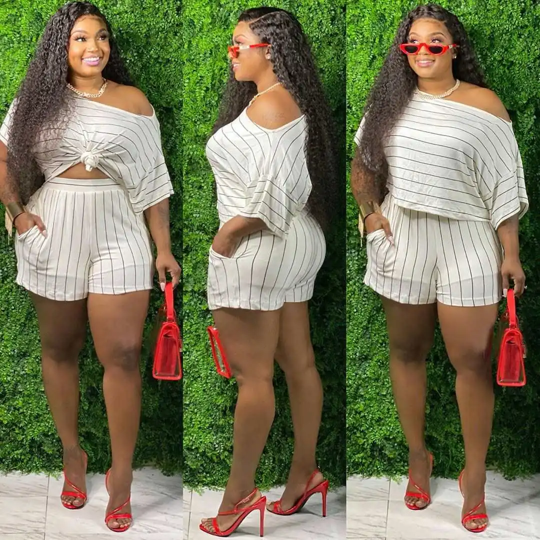 X01378M Casual sport women's suits Stylish striped two-piece suit for plus-size women 
X01378M Casual sport women's suits Stylish striped two-piece suit for plus-size women