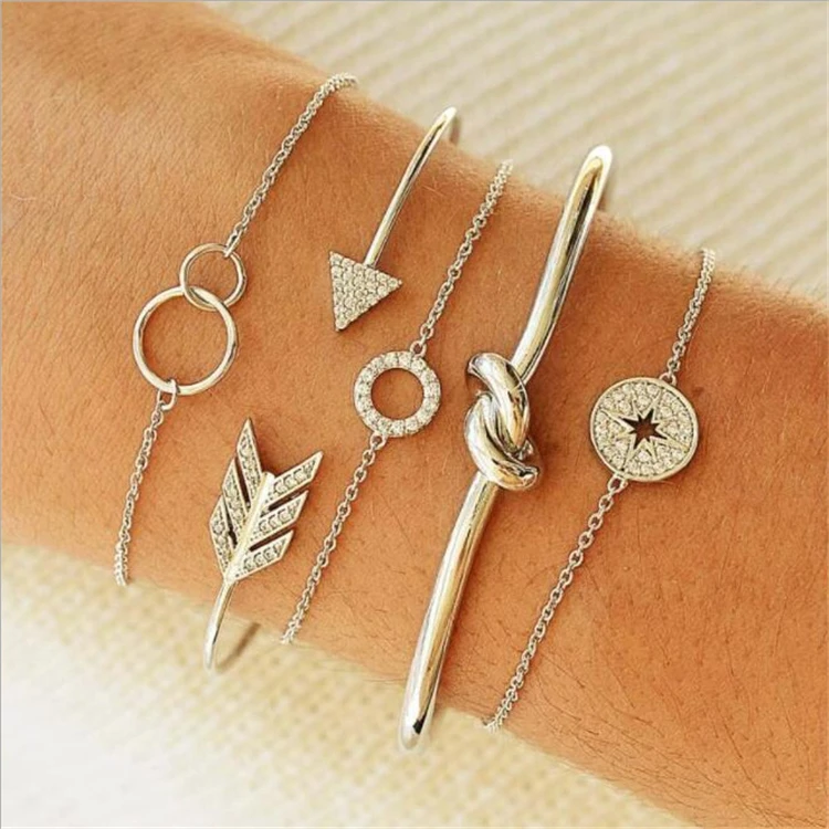 2019 Europe and America simple round circle with drill charm knots arrow opening geometric chain metal bracelet six-piece set
2019 Europe and America simple round circle with drill charm knots arrow opening geometric chain metal bracelet six-piece set