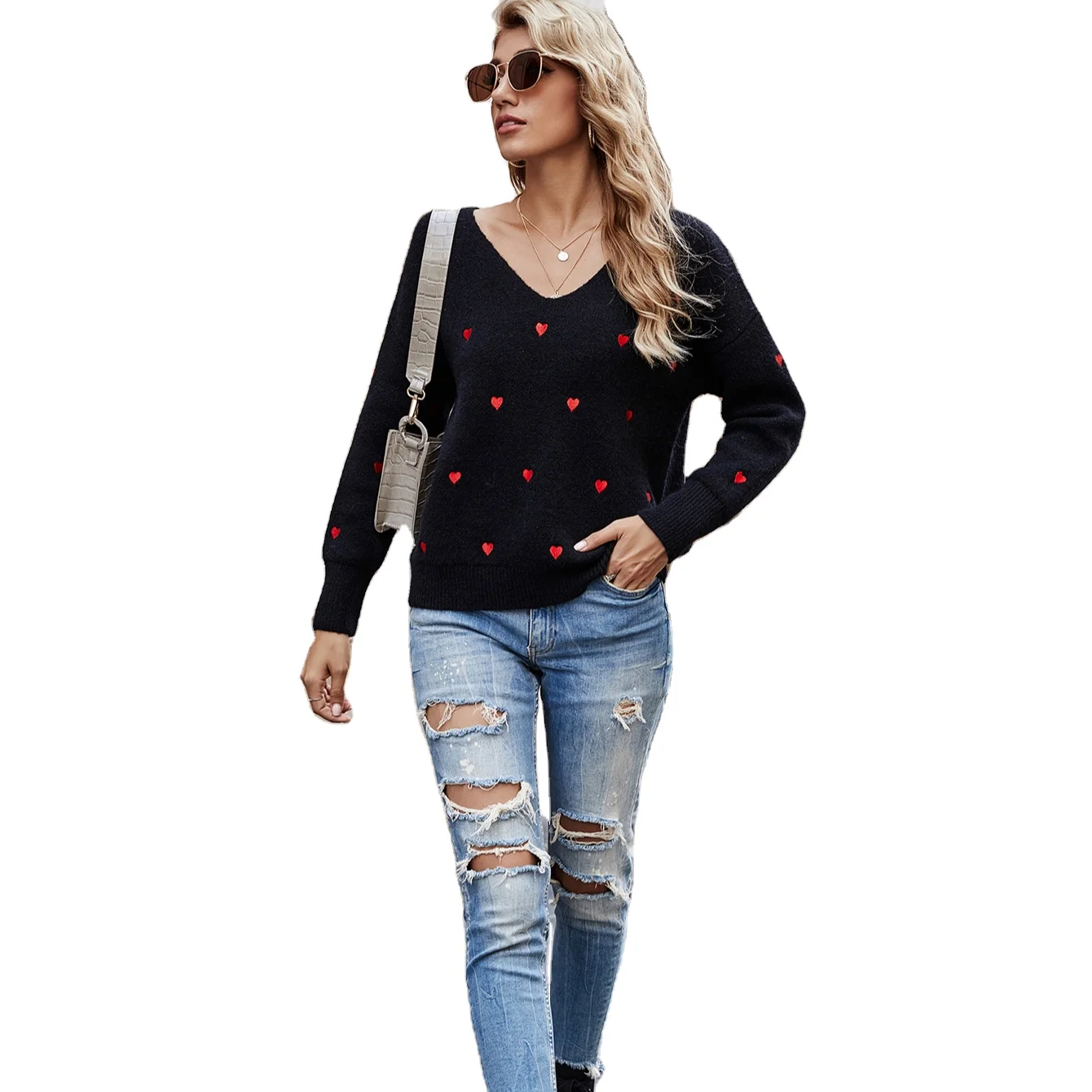 Women White Heart Embroidery Knitting Sweater V-neck Pullover Drop Shoulder Cute Casual Sweater Top
Women White Heart Embroidery Knitting Sweater V-neck Pullover Drop Shoulder Cute Casual Sweater Top