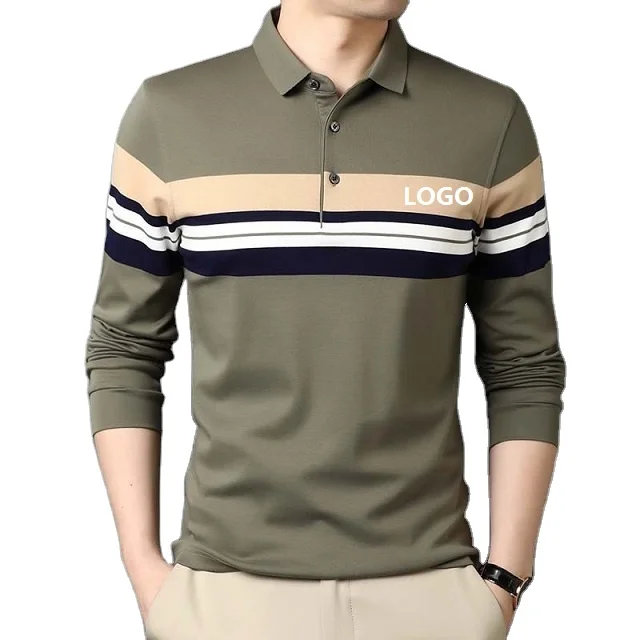 

Autumn winter yarn dyed polo shirt men's T-shirt long sleeve 100% cotton men's Polo, Army green