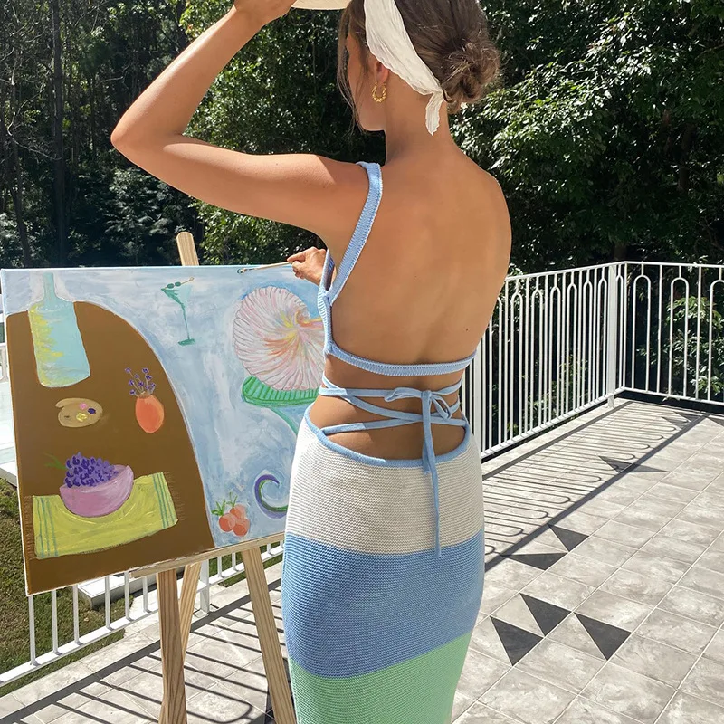 Women's Sling Dress Summer Sleeveless Square Neck Contrast Slim Fit Pullover Sexy Strapless Backless Knit Sweater Dress, Blue
Women's Sling Dress Summer Sleeveless Square Neck Contrast Slim Fit Pullover Sexy Strapless Backless Knit Sweater Dress, Blue