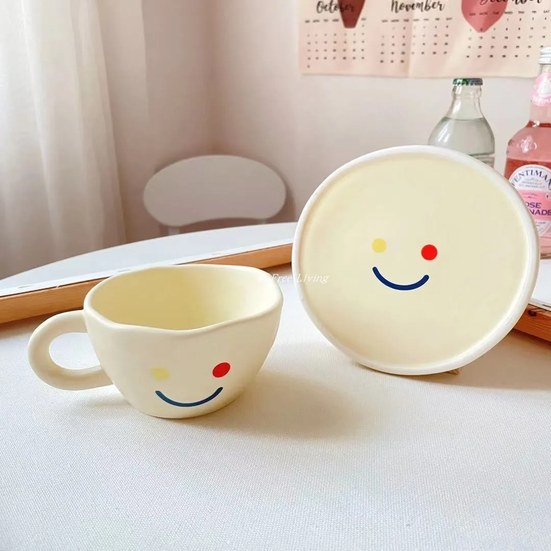 

HY Cute Smile Mug With Plate Matte Ceramic Coffee Tea Cup Set Creative Cup Saucer Home Office Drinkware Unique Birthday Gift