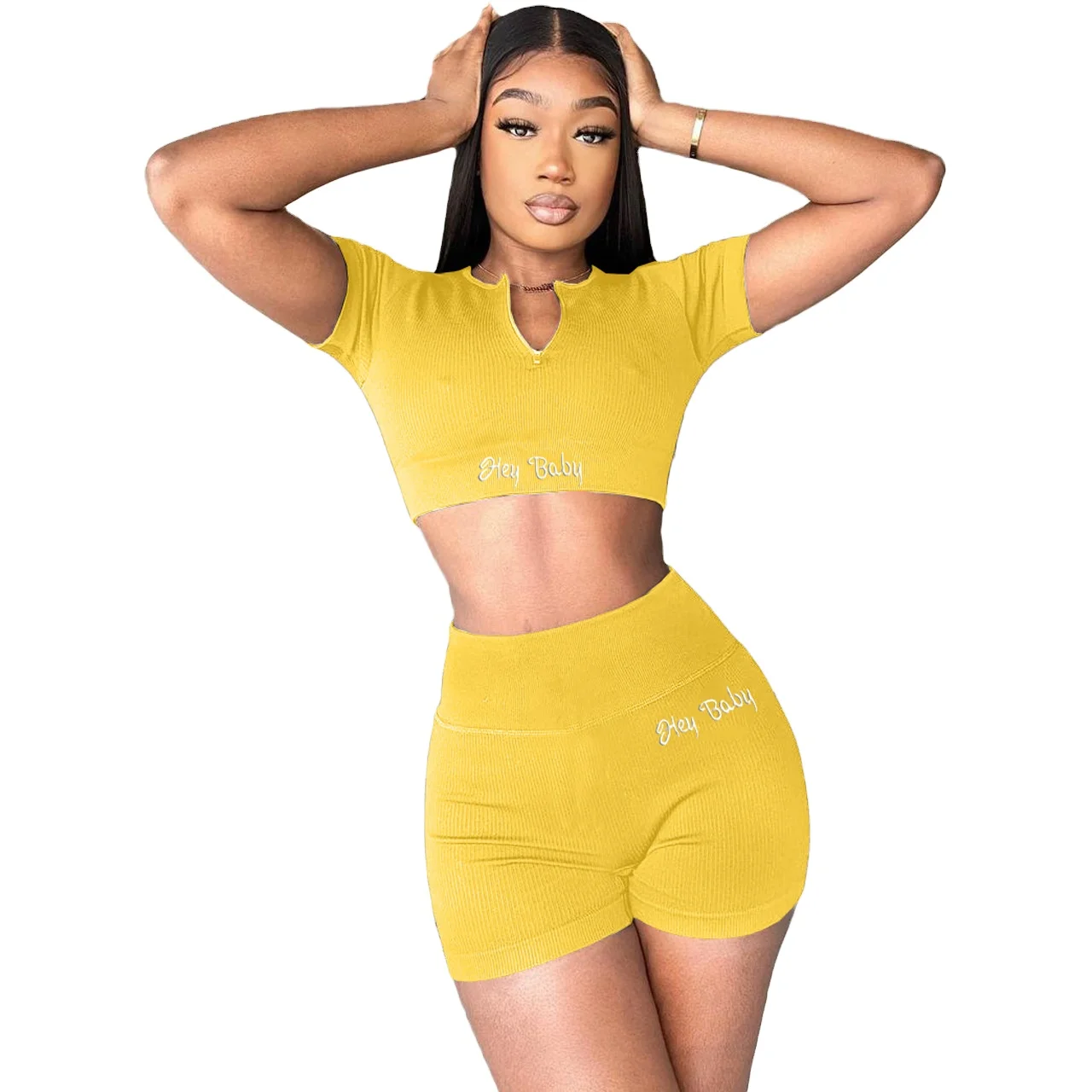 2021 Two Piece Set Women Clothing Embroidery Zipper Shorts Sports Crop Top Set
2021 Two Piece Set Women Clothing Embroidery Zipper Shorts Sports Crop Top Set