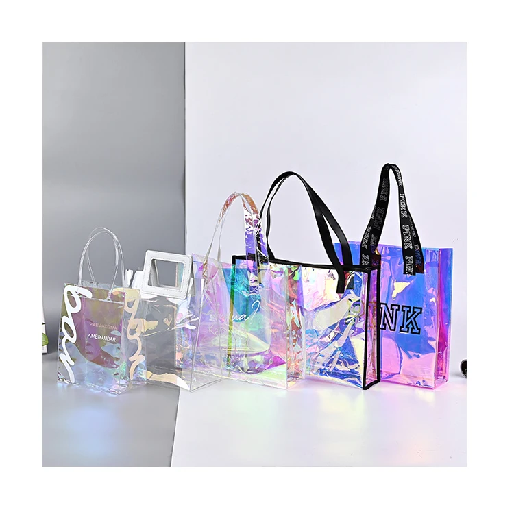HB033 Stylish fancy rainbow laser packaging tote bag women transparent pvc colorful shopping clothing bag
HB033 Stylish fancy rainbow laser packaging tote bag women transparent pvc colorful shopping clothing bag