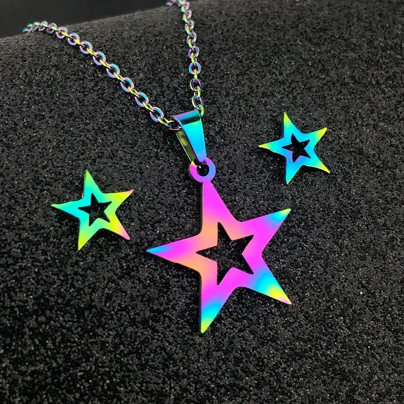 Fashion Stainless Steel Jewelry Set Rainbow Colorful Star Pendant Earrings Star Pendance Stainless Steel Women Necklace Jewelry, Picture
Fashion Stainless Steel Jewelry Set Rainbow Colorful Star Pendant Earrings Star Pendance Stainless Steel Women Necklace Jewelry, Picture