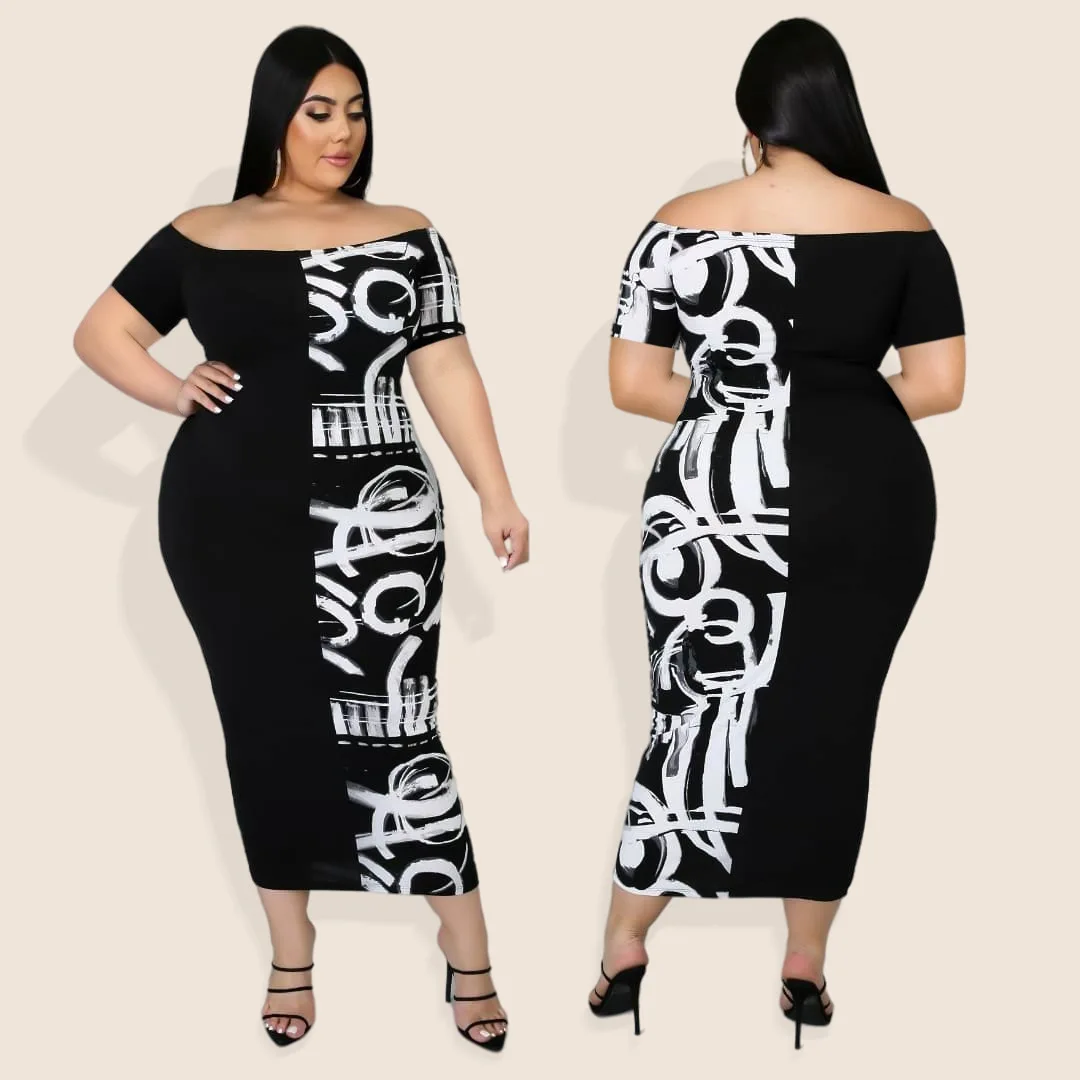 

2022 Summer New Temperament Splicing Short Sleeve O-Neck Casual Dresses Fashion Slim Personality Print Women Plus Size Dress, Black and white