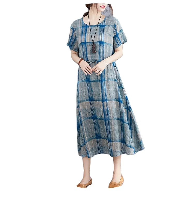 European and American summer urban leisure art loose cotton and linen plaid round neck short-sleeved dress female corset
European and American summer urban leisure art loose cotton and linen plaid round neck short-sleeved dress female corset