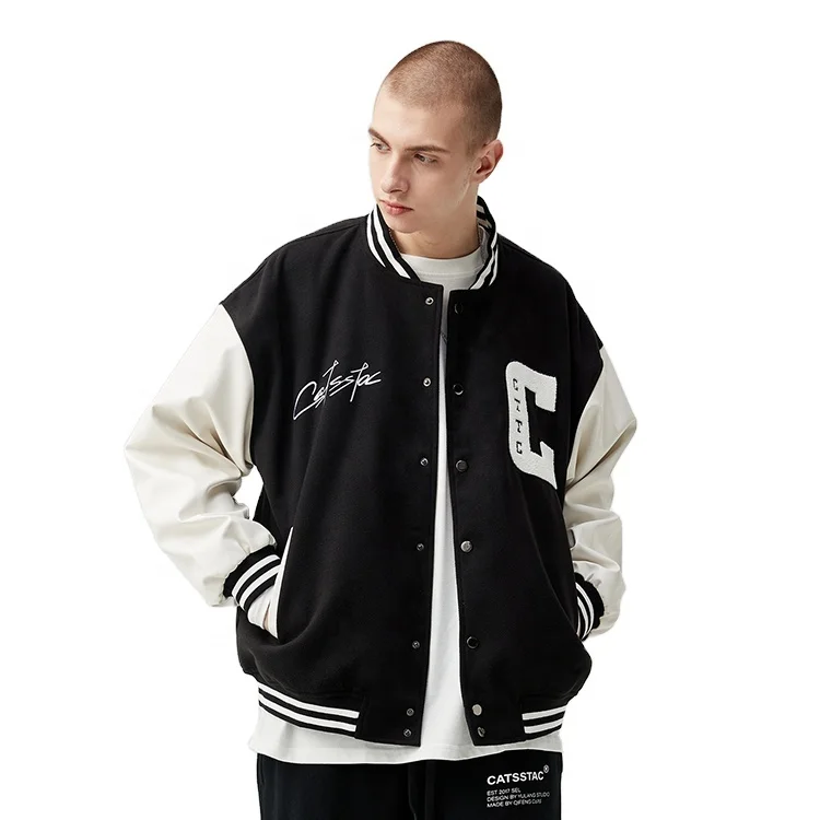 Wholesale high quality black sportswear couple stitching color custom embroidery college varsity outdoor baseball jacket men
Wholesale high quality black sportswear couple stitching color custom embroidery college varsity outdoor baseball jacket men