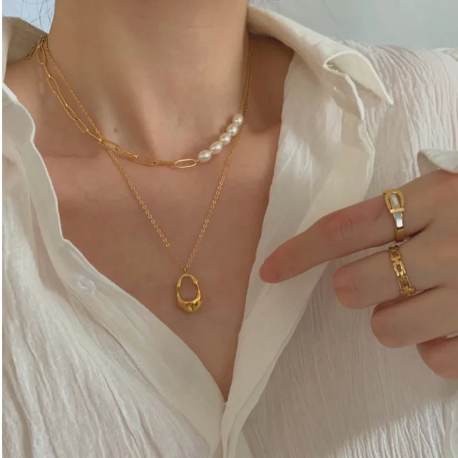 Waterproof 18K Real Gold Plated Titanium Steel Pearl Necklaces Double Layer Geometric Hollow Round Link Chain Necklaces
Waterproof 18K Real Gold Plated Titanium Steel Pearl Necklaces Double Layer Geometric Hollow Round Link Chain Necklaces
