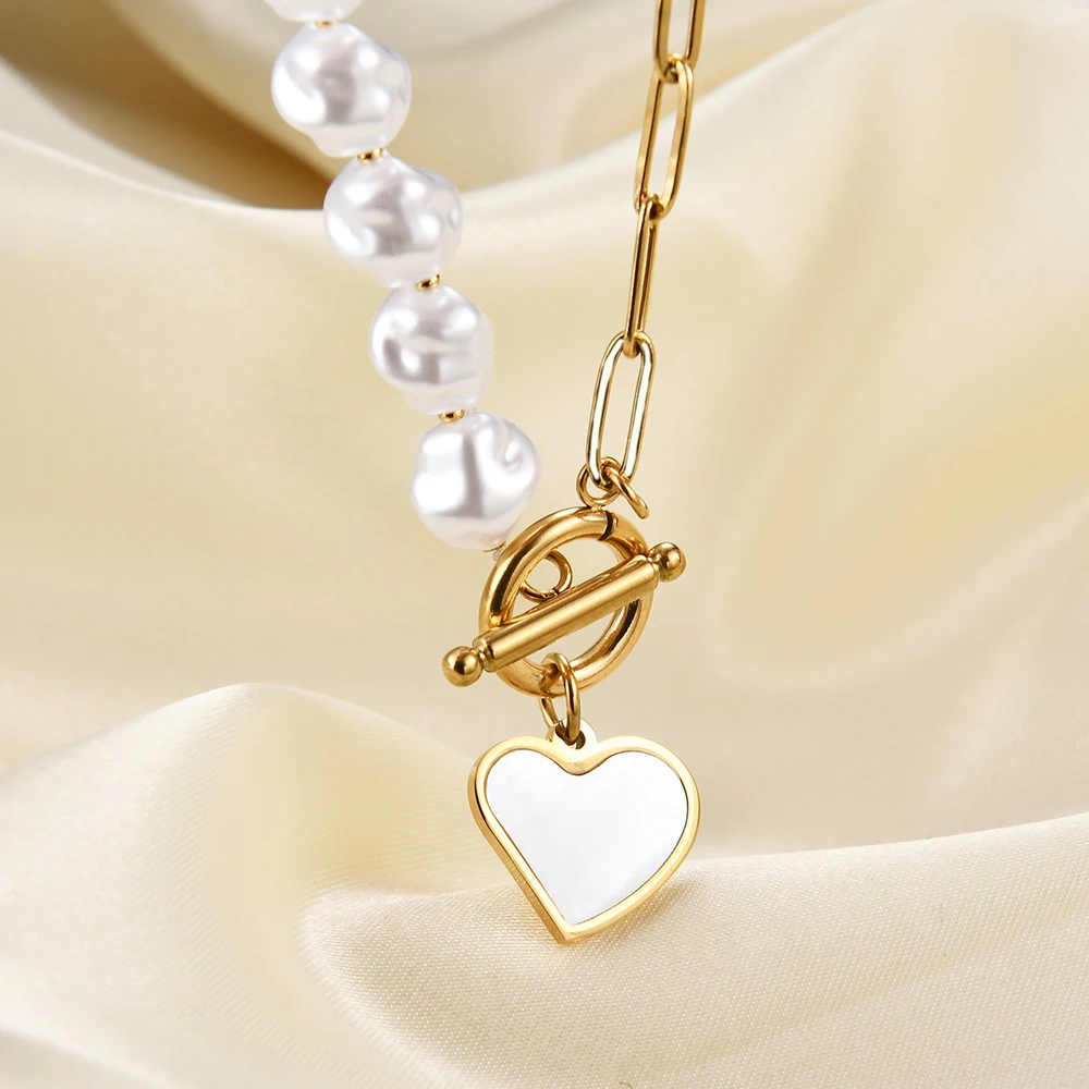 

2024 New Trendy 18K Gold Plated Stainless Steel Jewelry Necklace OT Buckle Snake Chain Fashion Vintage Pearl Heart Necklaces