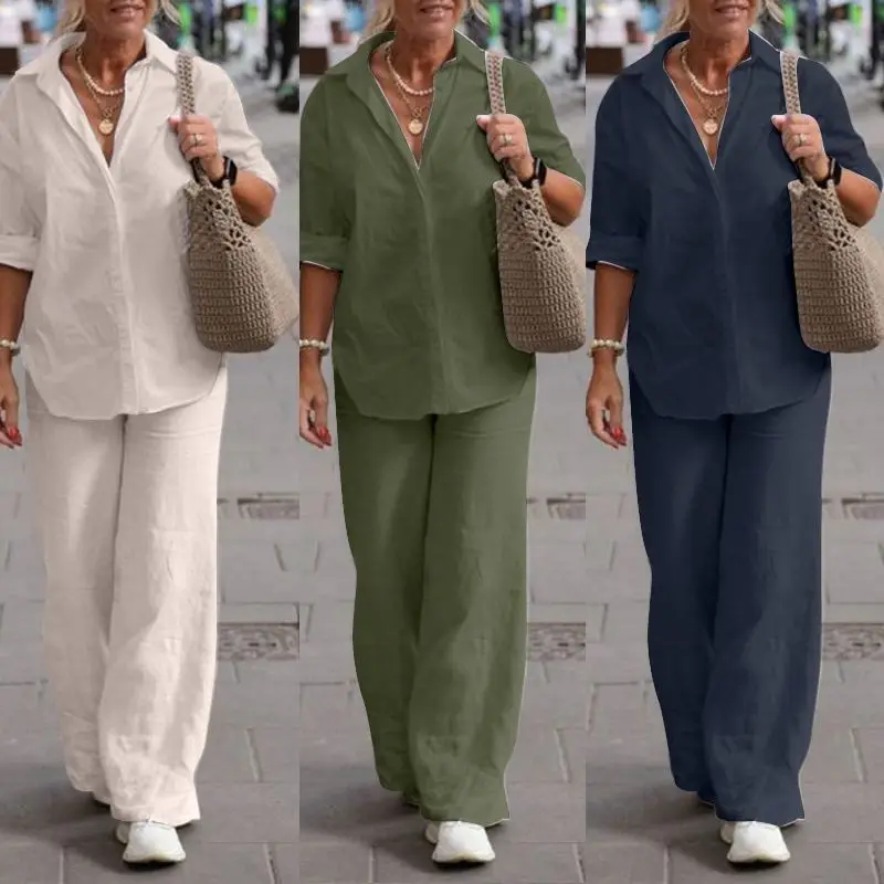 S-5XL women's two-piece women's lapel long-sleeved shirt spring and autumn casual solid color pants wide leg suit
S-5XL women's two-piece women's lapel long-sleeved shirt spring and autumn casual solid color pants wide leg suit