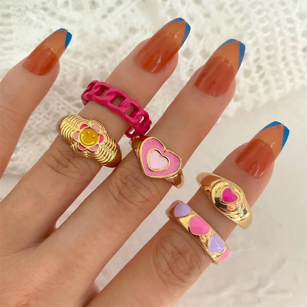 VKME Punk Pink Metal Rings Set For Women Girls Love Heart Smiley Rings 2021 Trend Fashion Wholesale Jewelry Gifts
VKME Punk Pink Metal Rings Set For Women Girls Love Heart Smiley Rings 2021 Trend Fashion Wholesale Jewelry Gifts
