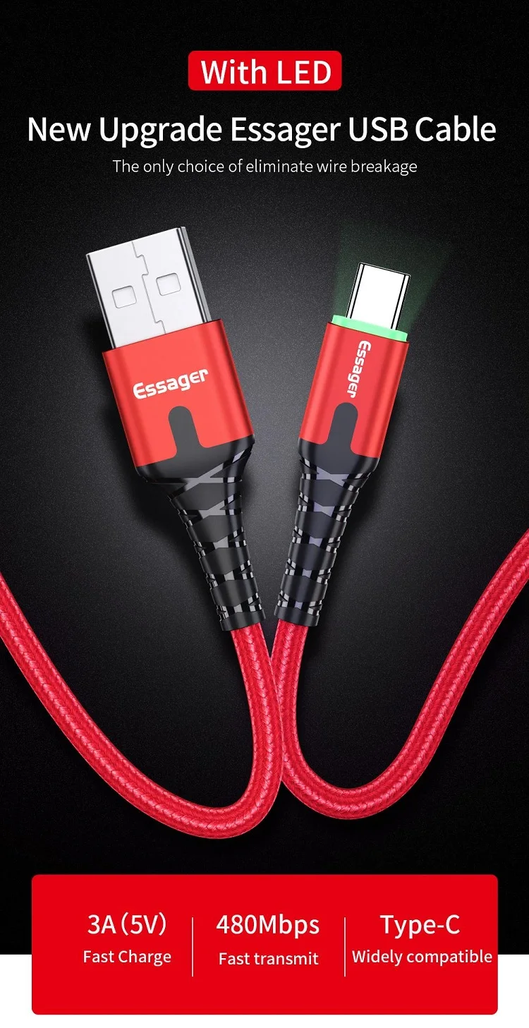 High quality 3A Nylon Braided Wire Type C Led Usb Phone Fast Charger Cable - ANKUX.COM