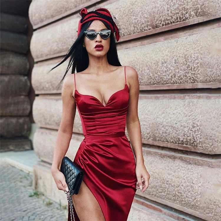 Satin Women Solid Strap Midi Dress Ruched High Slit Bodycon Sexy Party Summer Dresses, White
Satin Women Solid Strap Midi Dress Ruched High Slit Bodycon Sexy Party Summer Dresses, White
