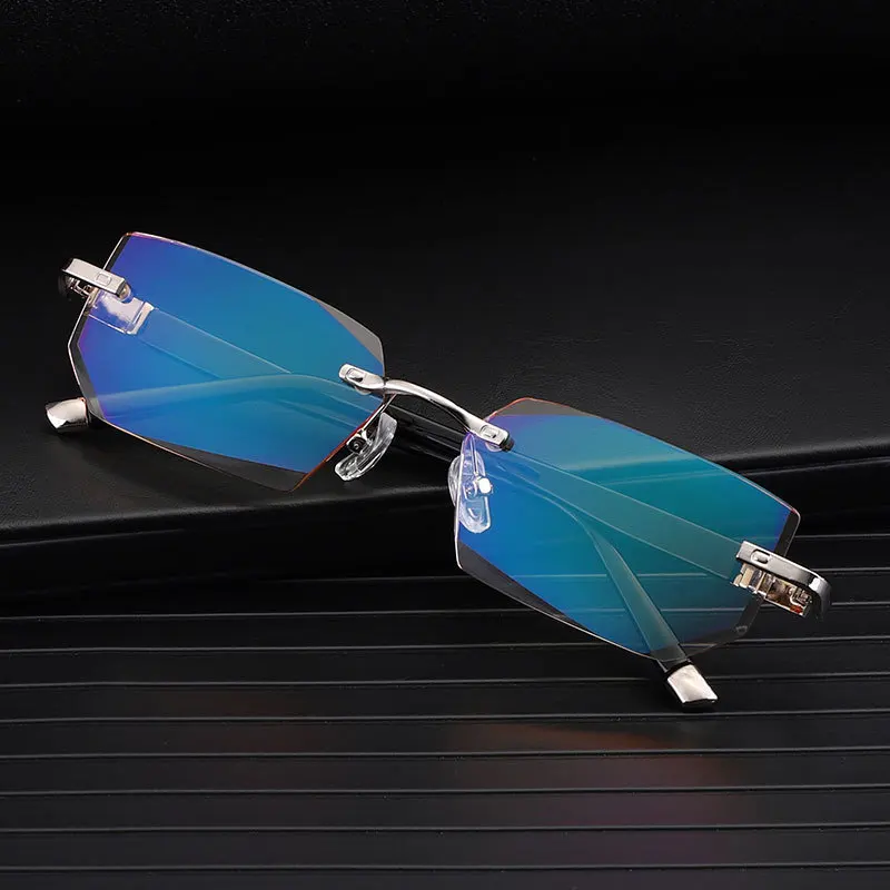 Luxury fashion metal men women diamond rimless blue light reading glasses, Black,silver
Luxury fashion metal men women diamond rimless blue light reading glasses, Black,silver