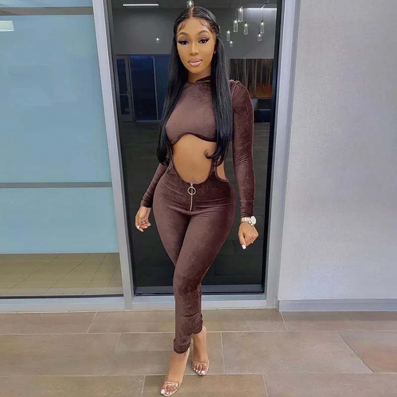 Trendy New Arrivals Casual Sexy Tight Women Long Sleeve Velvet Crop Top and High Waist Zipper Suspender Trousers 2 Piece Set, Brown
Trendy New Arrivals Casual Sexy Tight Women Long Sleeve Velvet Crop Top and High Waist Zipper Suspender Trousers 2 Piece Set, Brown