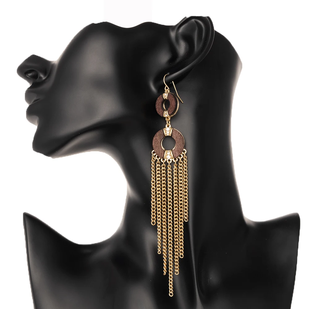 round wooden long chain tassel fashion gold plated brass boho earrings with gemstone, As request
round wooden long chain tassel fashion gold plated brass boho earrings with gemstone, As request