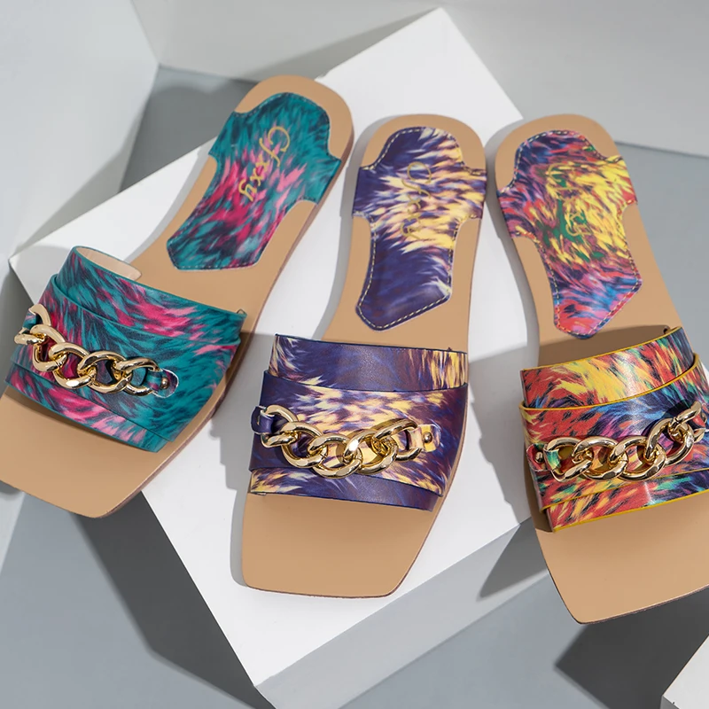 Ins hot sale flat sole ladies slippers gold Chain female tie dye print platform ladies flip-flops women sandals slippers, Purple, green and multi color
Ins hot sale flat sole ladies slippers gold Chain female tie dye print platform ladies flip-flops women sandals slippers, Purple, green and multi color