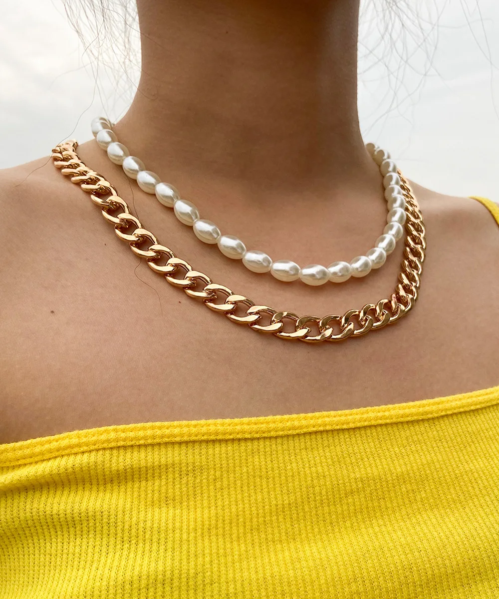 Fashion Pink Oval Pearl Bead Strand Multilayer Necklace Double Layer Gold Plated Chunky Chain Choker Necklace For Punk Women, Picture color
Fashion Pink Oval Pearl Bead Strand Multilayer Necklace Double Layer Gold Plated Chunky Chain Choker Necklace For Punk Women, Picture color