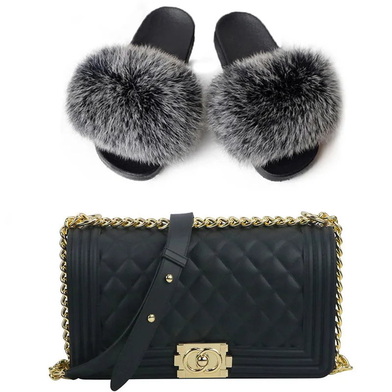 OEM Wholesale High Quality fluffy Comfortable leather fox fur slippers slides and bags set
OEM Wholesale High Quality fluffy Comfortable leather fox fur slippers slides and bags set
