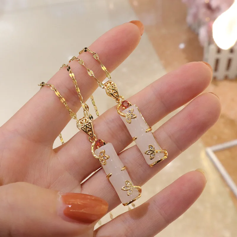 Real Gold Plated Stainless Steel Hypoallergenic Necklace Jewelry Long Bamboo Shape Natural Jade Pendant Necklace for Women Girls, Silver/ gold
Real Gold Plated Stainless Steel Hypoallergenic Necklace Jewelry Long Bamboo Shape Natural Jade Pendant Necklace for Women Girls, Silver/ gold