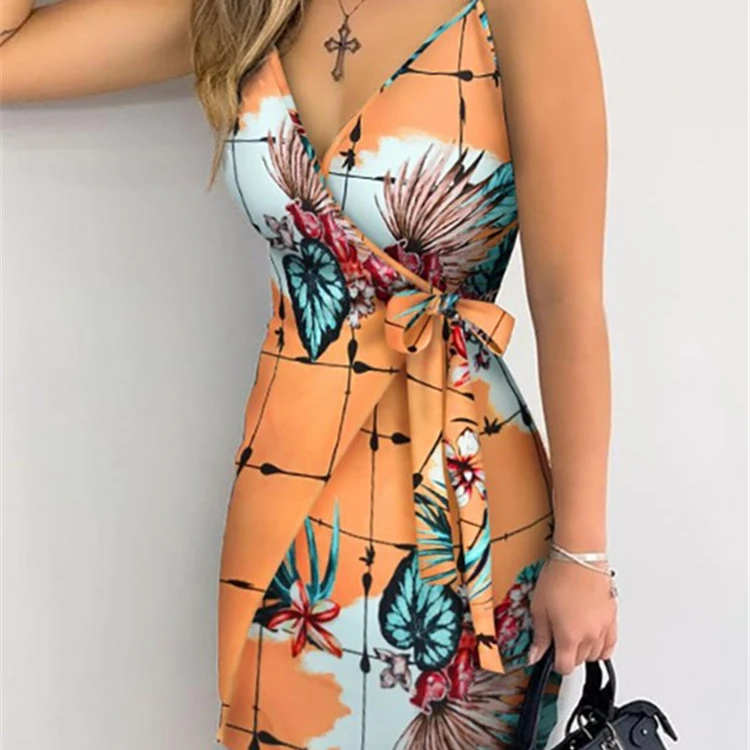 Tropical Print V-Neck Wrap Casual Dress Women Sleeveless Summer Holiday Mini Dress, Black/green/orange
Tropical Print V-Neck Wrap Casual Dress Women Sleeveless Summer Holiday Mini Dress, Black/green/orange