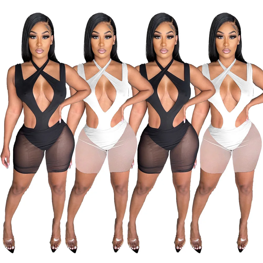 Wholesale Solid Hollow out Sleeveless Sexy Romper Tops And Mesh See Through Slim Shorts Outfits Women Casual Two Piece Sets
Wholesale Solid Hollow out Sleeveless Sexy Romper Tops And Mesh See Through Slim Shorts Outfits Women Casual Two Piece Sets