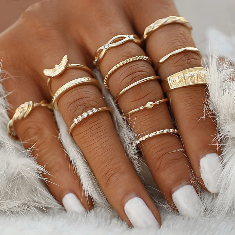 

Boho Vintage Gold Star Knuckle Rings For Women BOHO Crystal Star Crescent Geometric Female Finger diamond Rings Set Jewelry 2021