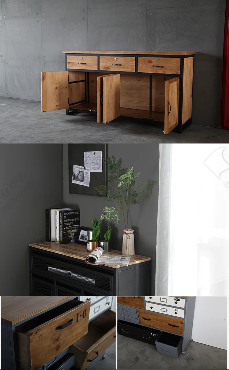 Retro Iron Frame Industrial Cabinet With Casters Wood Drawer Door Shipping Container Style Customized