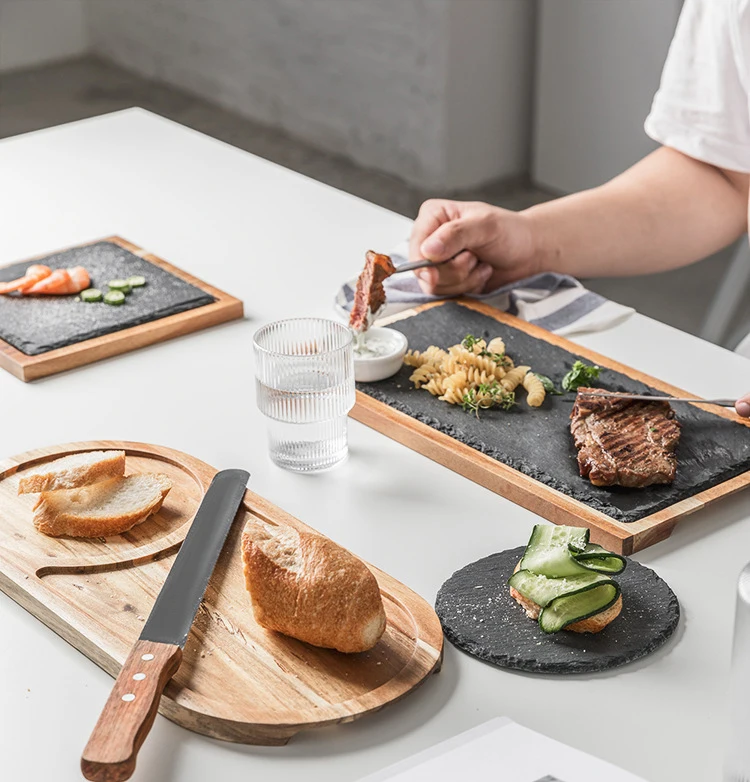 Nordic Restaurant Slate Stone Western Style Tableware Food Serving Rectangular Acacia Wood Pizza Bread Dinner Plate for Steak