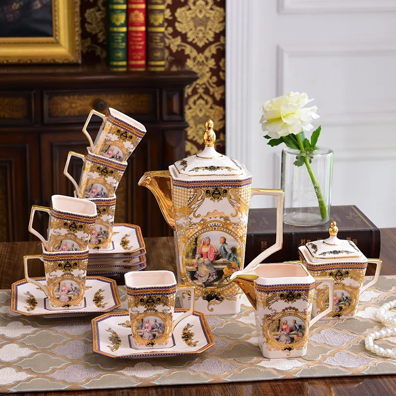 Wholesale Luxury Royal Personage Pattern Home Decors Ceramic Gold Handle Coffee Tea Set
Wholesale Luxury Royal Personage Pattern Home Decors Ceramic Gold Handle Coffee Tea Set