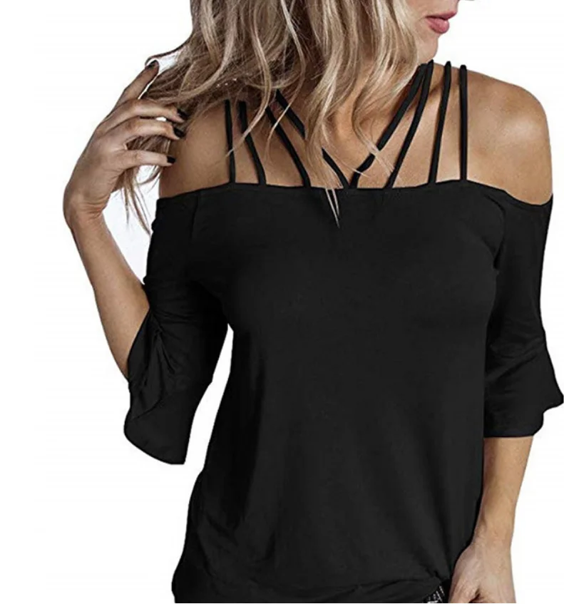 Stitching Trumpet Sleeve T-Shirt Five-Point Sleeve T-Shirt Shoulder Strap T-Shirt Top for Ladies GAO
Stitching Trumpet Sleeve T-Shirt Five-Point Sleeve T-Shirt Shoulder Strap T-Shirt Top for Ladies GAO