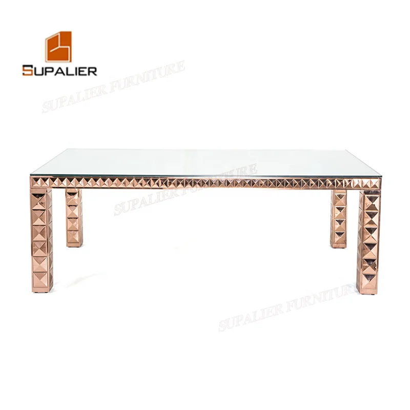 Rose gold stainless steel 10 seater glass wedding table