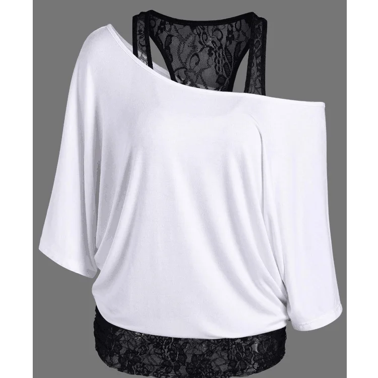 European and American Plus Size Women's 2020 Summer Ladies T-shirt Lace Vest Diagonal Collar Bat Sleeve Top
European and American Plus Size Women's 2020 Summer Ladies T-shirt Lace Vest Diagonal Collar Bat Sleeve Top