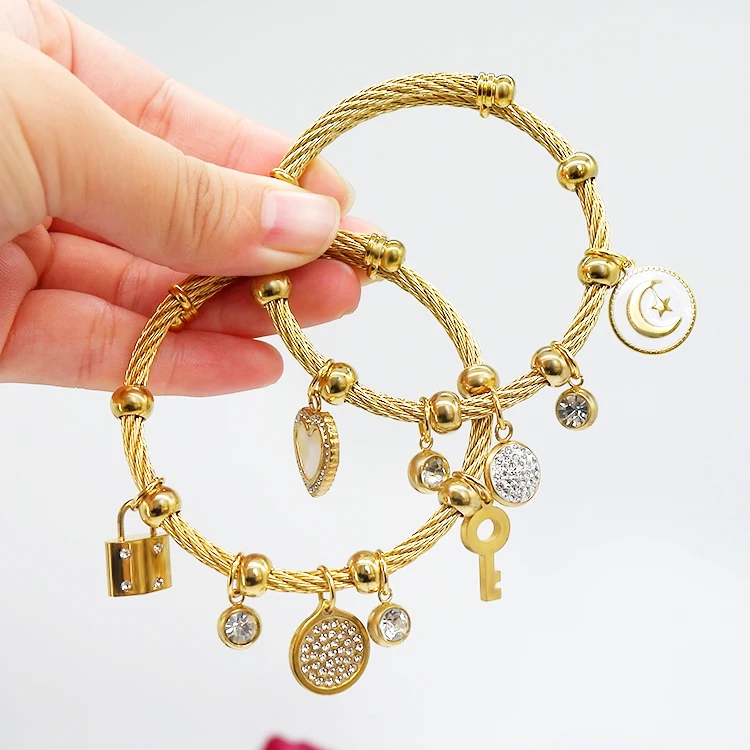 Stainless steel clasp inlaid diamond key and lock wire star moon charm bracelet, Picture
Stainless steel clasp inlaid diamond key and lock wire star moon charm bracelet, Picture