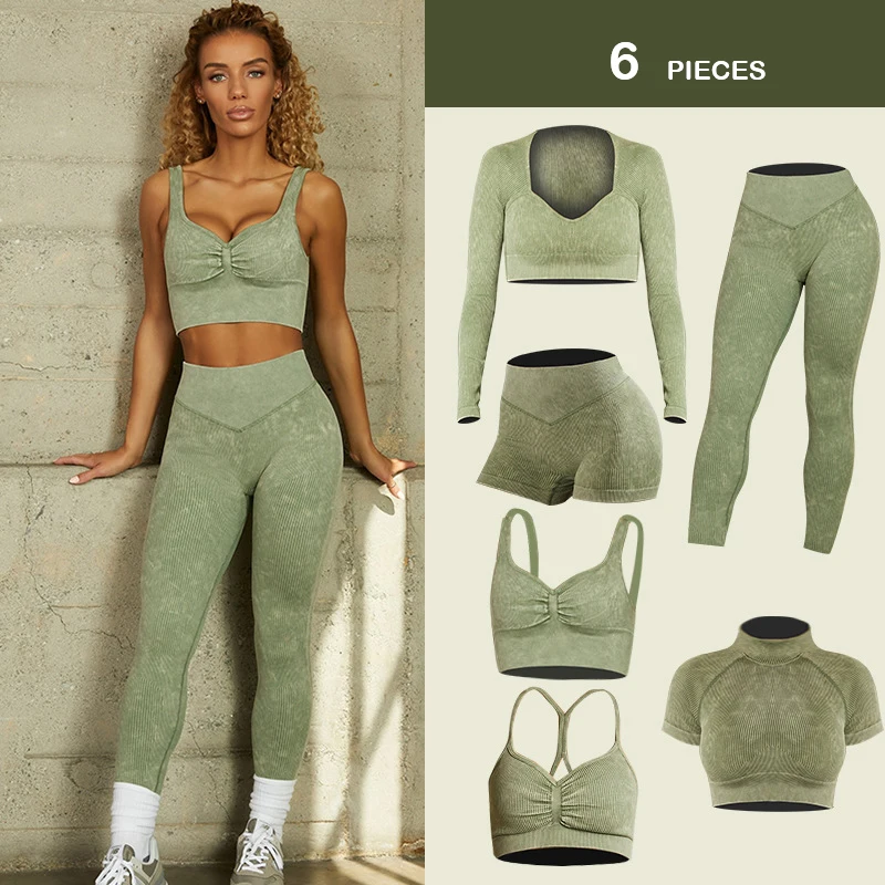 Wholesale DIY 6 pieces Acid Wash Ribbed Crop Top Sports Bra High Waist Leggings Seamless Exercise Set Athletic Outfits for Women
Wholesale DIY 6 pieces Acid Wash Ribbed Crop Top Sports Bra High Waist Leggings Seamless Exercise Set Athletic Outfits for Women