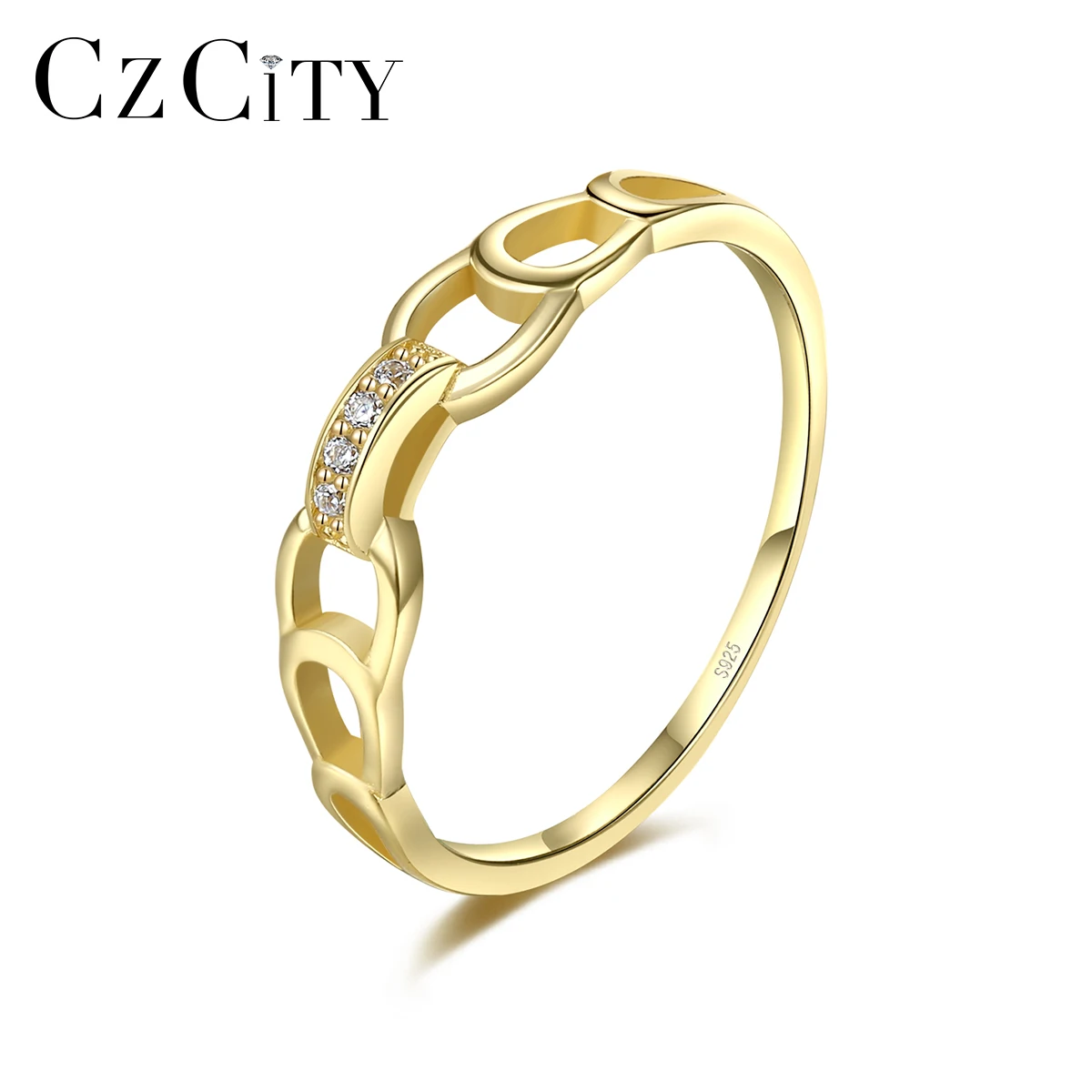 

CZCITY Delicate Ladies Cuban Chain Stylish Rings Jewelry 925 Silver Gold Plated Women Ring Wholesale
