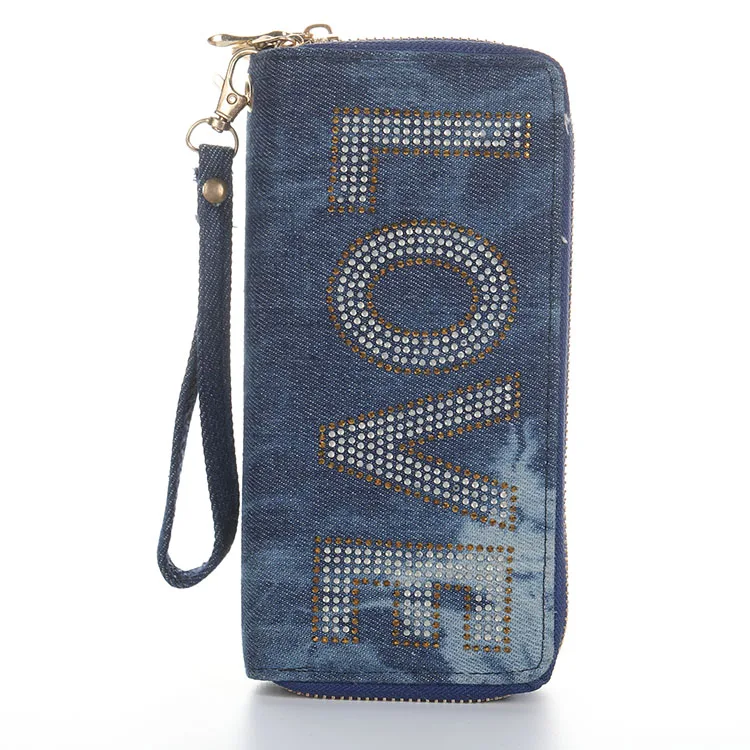 Fashion Diamond-encrusted ladies long zipper purse denim fabric long clutch women travel wallet
Fashion Diamond-encrusted ladies long zipper purse denim fabric long clutch women travel wallet