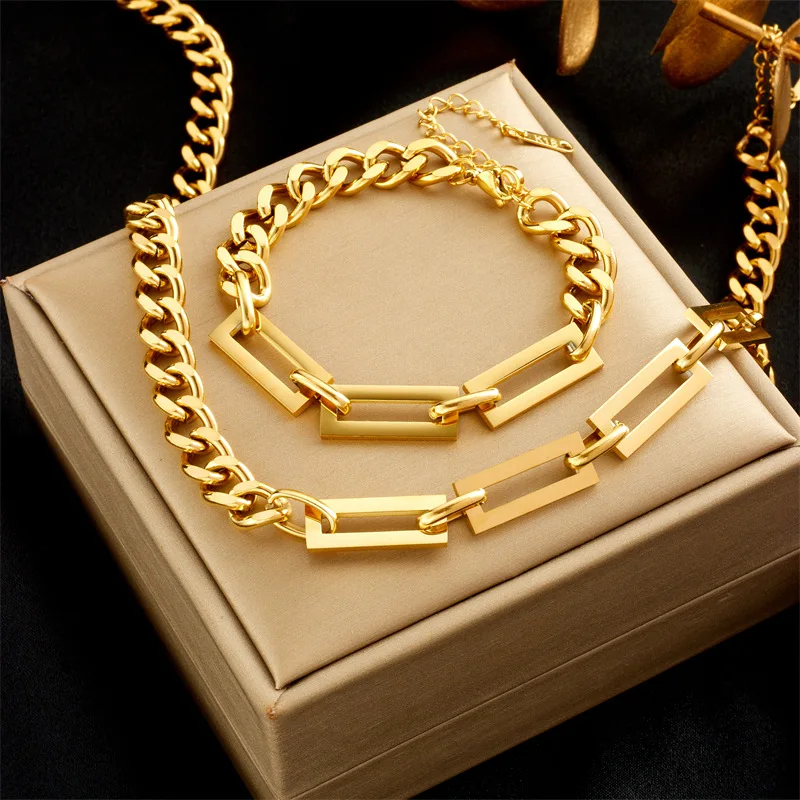 2023 New Simple Hollow 18k Gold Plated Stainless Steel Cuban Link Chain Necklace and Bracelet Jewelry Set For Women
2023 New Simple Hollow 18k Gold Plated Stainless Steel Cuban Link Chain Necklace and Bracelet Jewelry Set For Women