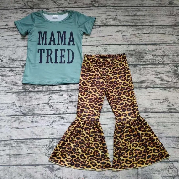 Baby girls wholesale children short sleeve mama tried print shirt top leopard color big ruffle bell bottom pants kids clothing
Baby girls wholesale children short sleeve mama tried print shirt top leopard color big ruffle bell bottom pants kids clothing